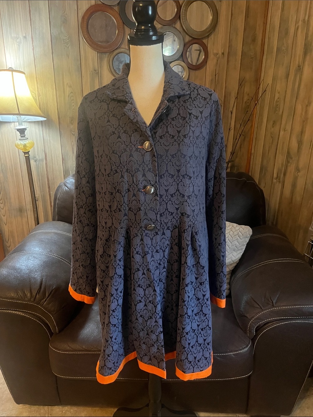 Miss Curvista Navy Blue/Mandarin Brocade Swing Jacket/Coat Paisley Boho Cottagec - Picture 2 of 10
